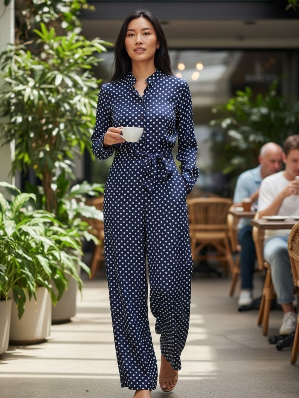 Vintage Women's Navy Polka Dot Long Sleeve Jumpsuit with Tie Waist